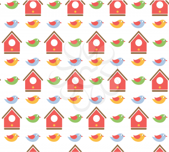 Spring seamless pattern birds and birdhouse isolated on white background