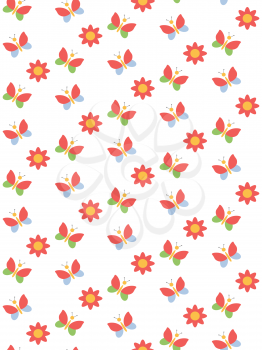 Spring seamless pattern with butterflies and flowers isolated on white background