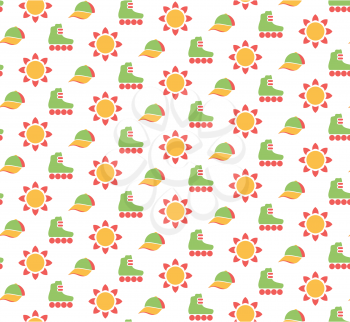 Spring seamless pattern with baseball caps, rollers and suns isolated on white background