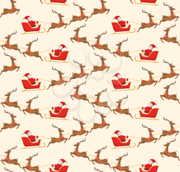 Seamless Christmas Pattern with Santa on Sleigh and His Reindeers Isolated on Beige Background
