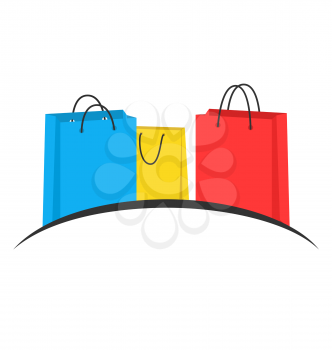 Three multicolored shopping bags like emblem isolated on white background