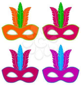 Four multicolored flat masks with feathers isolated on white background