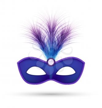 Blue carnival mask with fluffy feathers isolated on white background