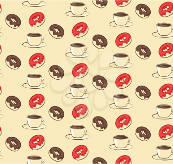 Seamless sweet pattern with donuts and cup of coffee on beige background