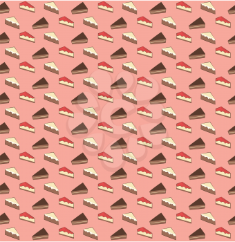 Seamless sweet pattern. The pieces of the pie and cake on pink background