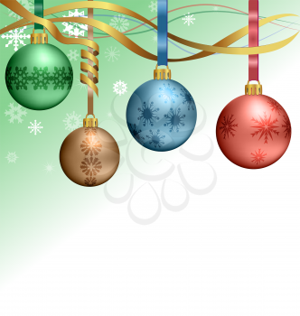 Four multicolored Christmas balls hanging on ribbons