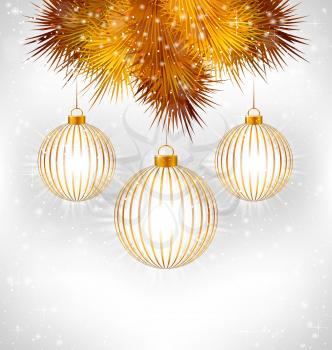 Tree golden Christmas balls in stroke and golden pine branches with light in snowfall on grayscale background