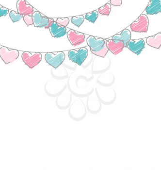 Hand-drawn hearts buntings garlands in pastel colors on white background