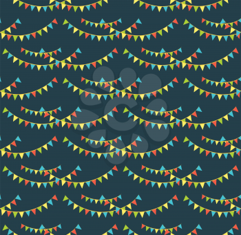 Seamless bright fun celebration festive buntings pattern isolated on blue background