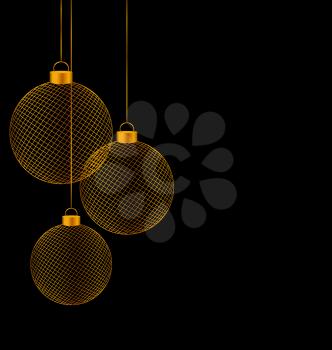 Tree golden netting Christmas balls isolated on black background