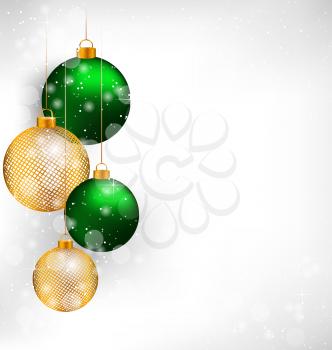 Two green and two golden netting Christmas balls on grayscale background
