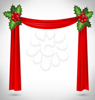 holly sprigs hold red curtain on grayscale background