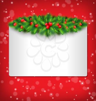 Grayscale frame with fluffy holly sprigs and pine branches on red background