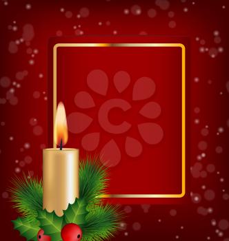 Burning Christmas Candle, holly sprigs and pine branches with red blank frame on red background
