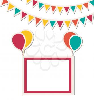 Festive frame hang on multicolored inflatable air balls with bright buntings isolated on white background 
