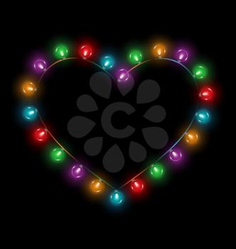 Multicolored glassy lights like heart frame isolated on black background