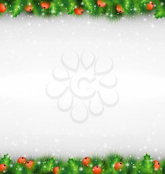 Shiny green pine branches like frame with holly sprigs in snowfall on grayscale background
