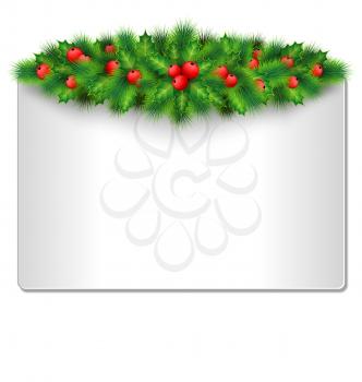 Grayscale frame with holly sprigs and pine branches isolated on white background