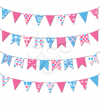 Set of multicolored flat buntings garlands with ornament isolated on white background