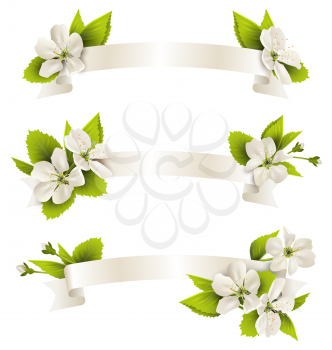 Festive satin ribbon garland flag with cherry flowers isolated on white background