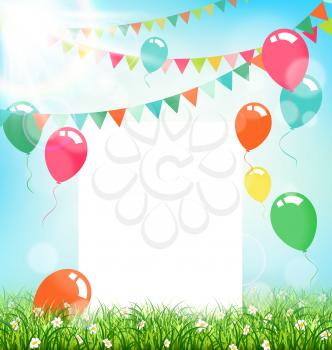 Celebration background with frame buntings air balls grass and sunlight on sky background