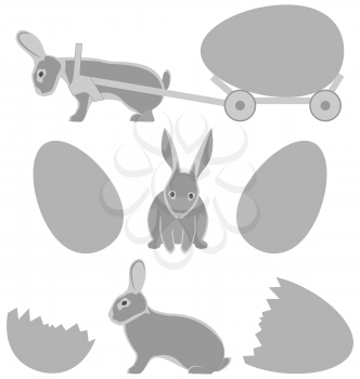 Grey rabbits with eggs isolated on white background