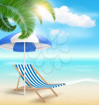 Beach with Palm Clouds Sun Beach Umbrella and Beach Chair. Summer Vacation Background