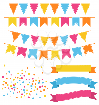 Set of Multicolored Buntings Garlands Flags Confetti and Ribbons Isolated on White Background