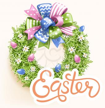 Easter Festive Grass Wreath with Bow on Beige Background
