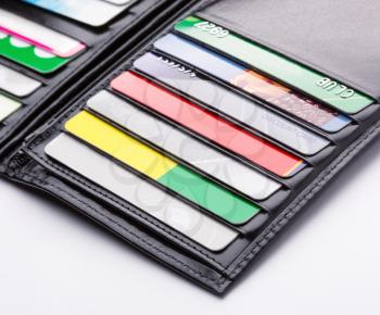 Black leather wallet with credit and discount cards