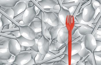 Many white plastic spoons and one red fork
