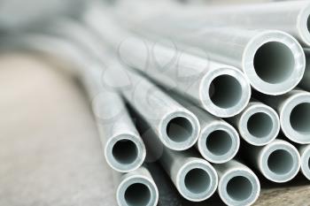 Industrial plastic pipes. Closeup view