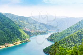Nice panorama view blue sea between mountains.  Pivsko Jezero, Montenegro