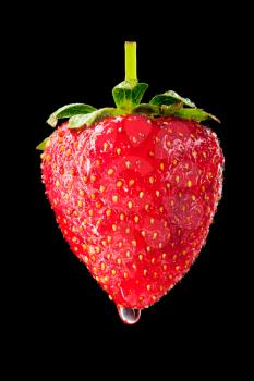 Close-up of wet ripe strawberry. Isolated on black