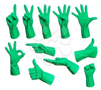 Set of rubber gloves hand signs isolated on white background