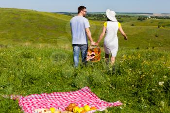 Back view of young couple going home arter picnic, they left fruits and blanket on the grass