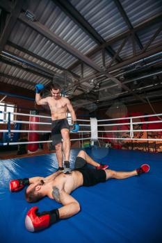 Fighter wins the strike on the ring. Boxing ring on the background. Boxer sents the opponent to the knockout.