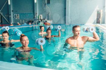 Aqua aerobics, healthy lifestyle, water sport, indoor swimming pool, recreational leisure