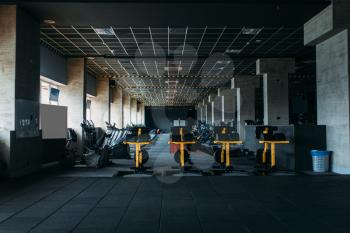 Fitness club interior. Gym nobody. Sport center equipment