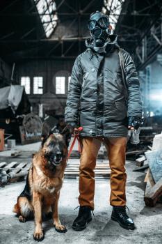 Stalker soldier in gas mask and dog in radioactive zone, friends in post apocalyptic world. Post-apocalypse lifestyle on ruins, doomsday, judgment day