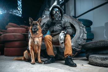 Stalker in gas mask and dog, friends in post apocalyptic world. Post-apocalypse lifestyle on ruins, doomsday, judgment day