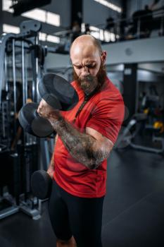 Muscular athlete doing exercise with dumbbells in gym. Bearded man in sport club