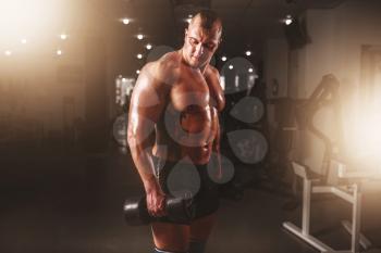 Muscular male weightlifter training with dumbbells in sport gym. Fitness training with weight. Bodybuilding workout