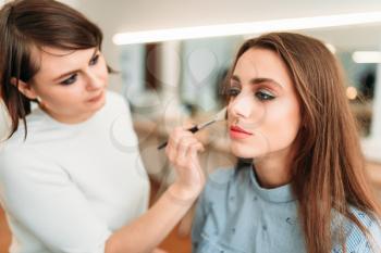 Female make up artist work with beautiful woman face, beauty studio on background. Cosmetic salon