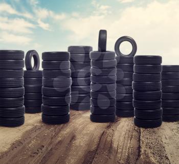 Lots of tire piles outdoor, wheel mounting. Tyre shop