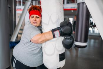 Overweight woman in gloves, boxing exercise with punching bag in gym. Calories burning, obese female person on hard training in sport club