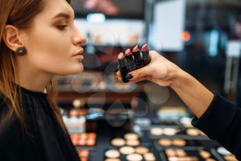 Visagiste and client chooses lipstick in makeup shop. Female client in beauty salon, make-up procedure