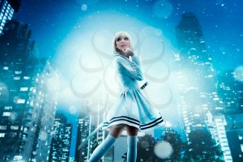 Anime style blonde woman with makeup. Cosplay, japanese culture, doll in dress, cityscape on background