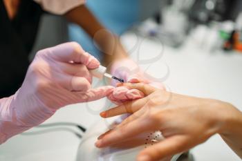 Beautician in pink gloves applying nail varnish to female client, manicure in beauty salon. Manicurist doing hands care cosmetic procedure
