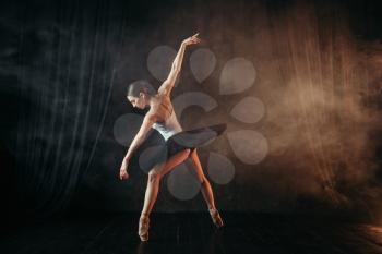 Attractive ballerina in action, dance training on the stage. Classical ballet dancer in motion